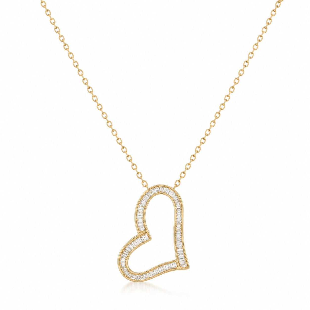 A delicate yellow gold chain necklace featuring an open heart-shaped pendant paved with small clear stones, shown against a plain white background.