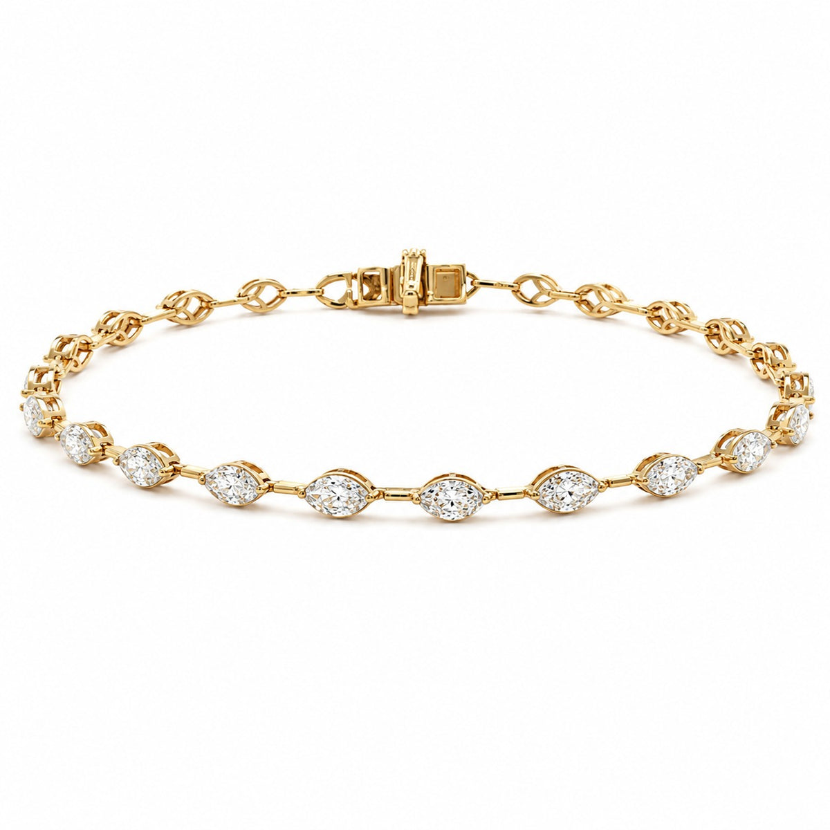 A yellow gold tennis bracelet featuring a series of marquise-cut and round diamonds set along the chain, displayed on a clean white background.