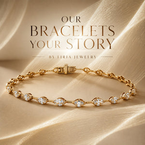 A gold chain bracelet with marquise-cut clear stones, displayed on a shimmering beige satin background with the text 'OUR BRACELETS YOUR STORY BY LIRIA JEWELRY' above it.