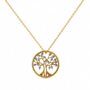 A gold necklace with a circular pendant featuring a tree design with silver-toned leaves, shown on a plain white background.