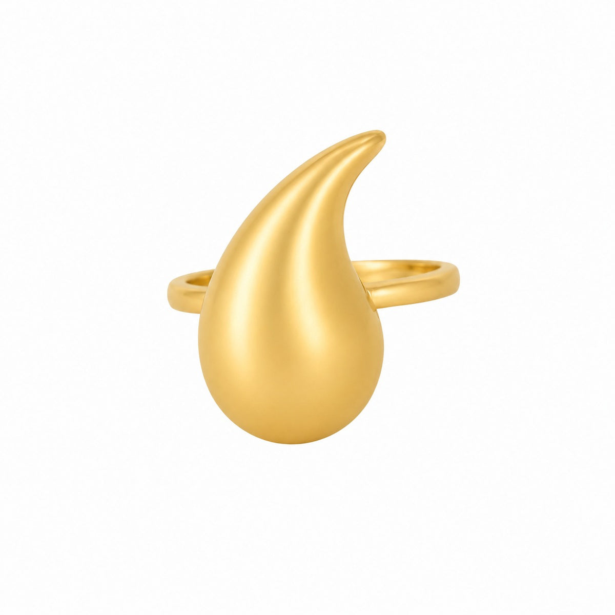 Gold ring with a unique, curved design on a white background
