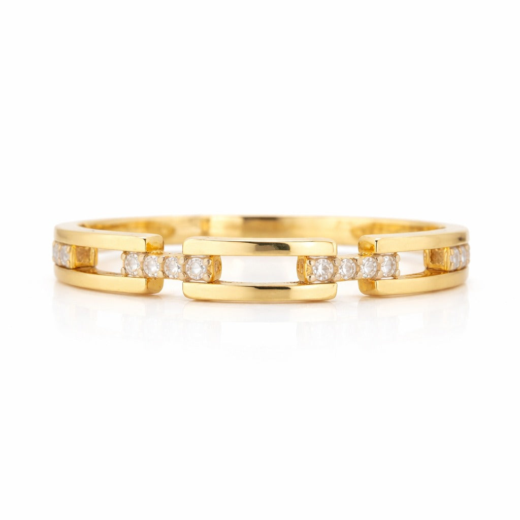 Two gold rings with diamond accents on a white background