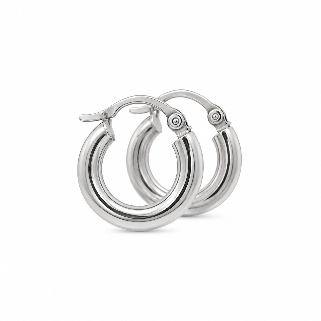 A pair of polished 18k white gold hoop earrings with a hinged clasp, displayed on a clean white background.