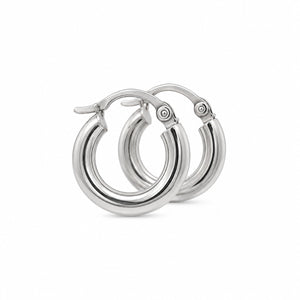 A pair of polished 18k white gold hoop earrings with a hinged clasp, displayed on a clean white background.