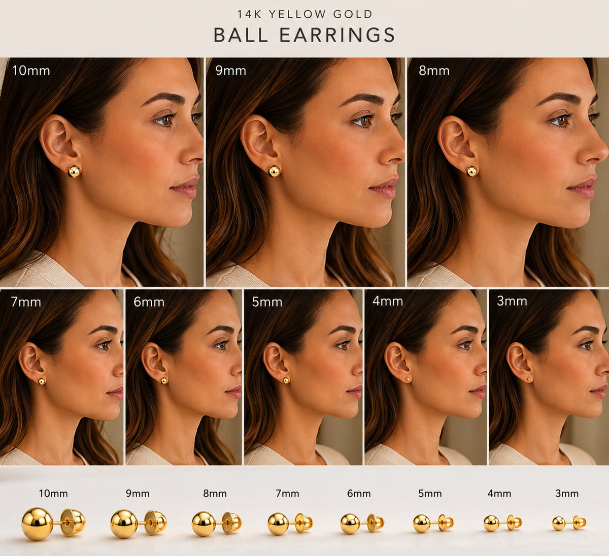 Comparison of 14K yellow gold ball earrings in various sizes on a woman's ear.
