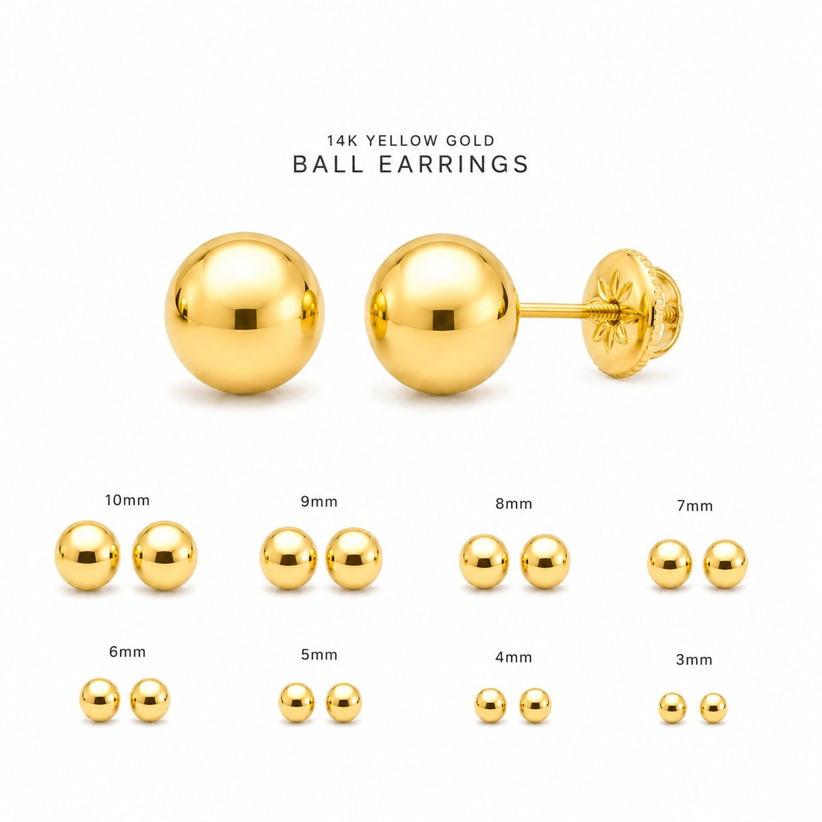 Gold ball earrings in various sizes on a white background