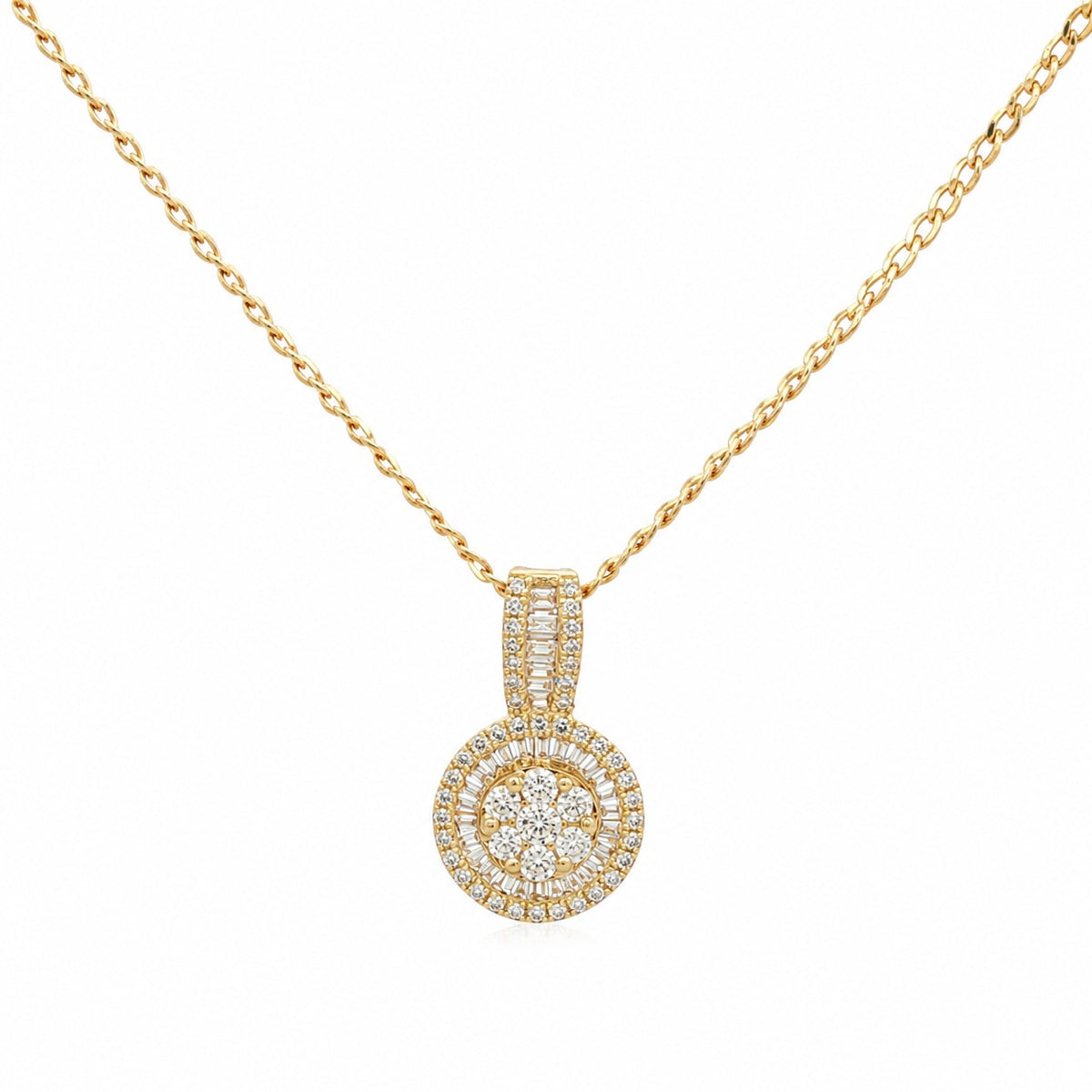 A gold chain necklace with a circular pendant set with clear gemstones, shown against a plain white background.