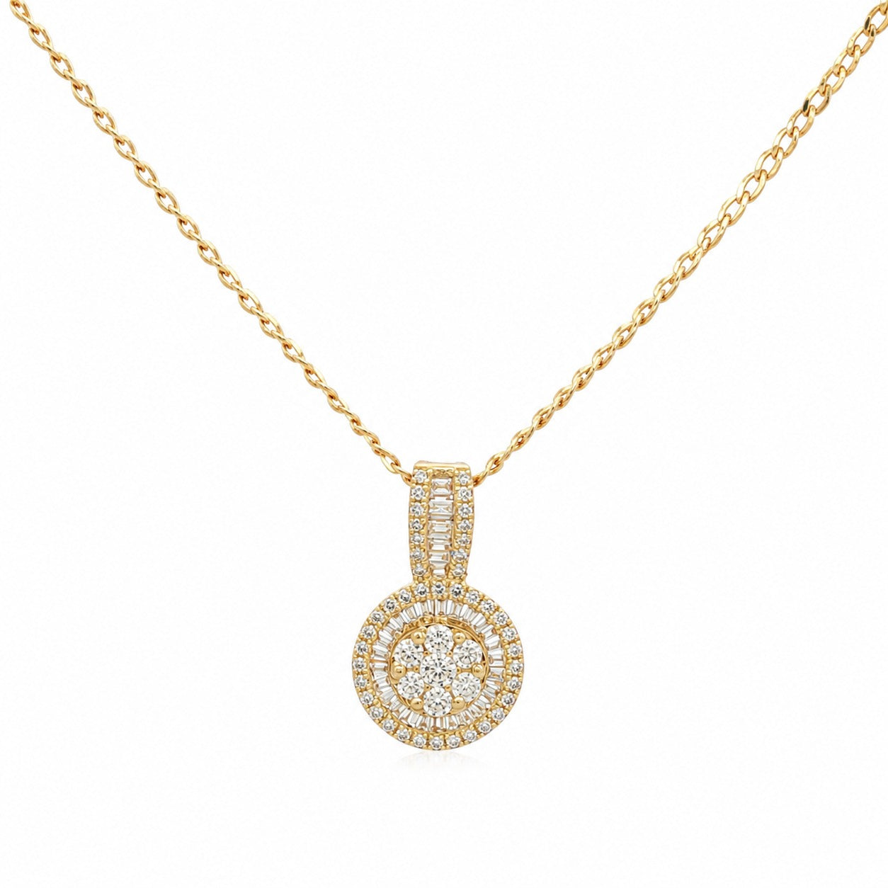 A gold chain necklace with a circular pendant set with clear gemstones, shown against a plain white background.