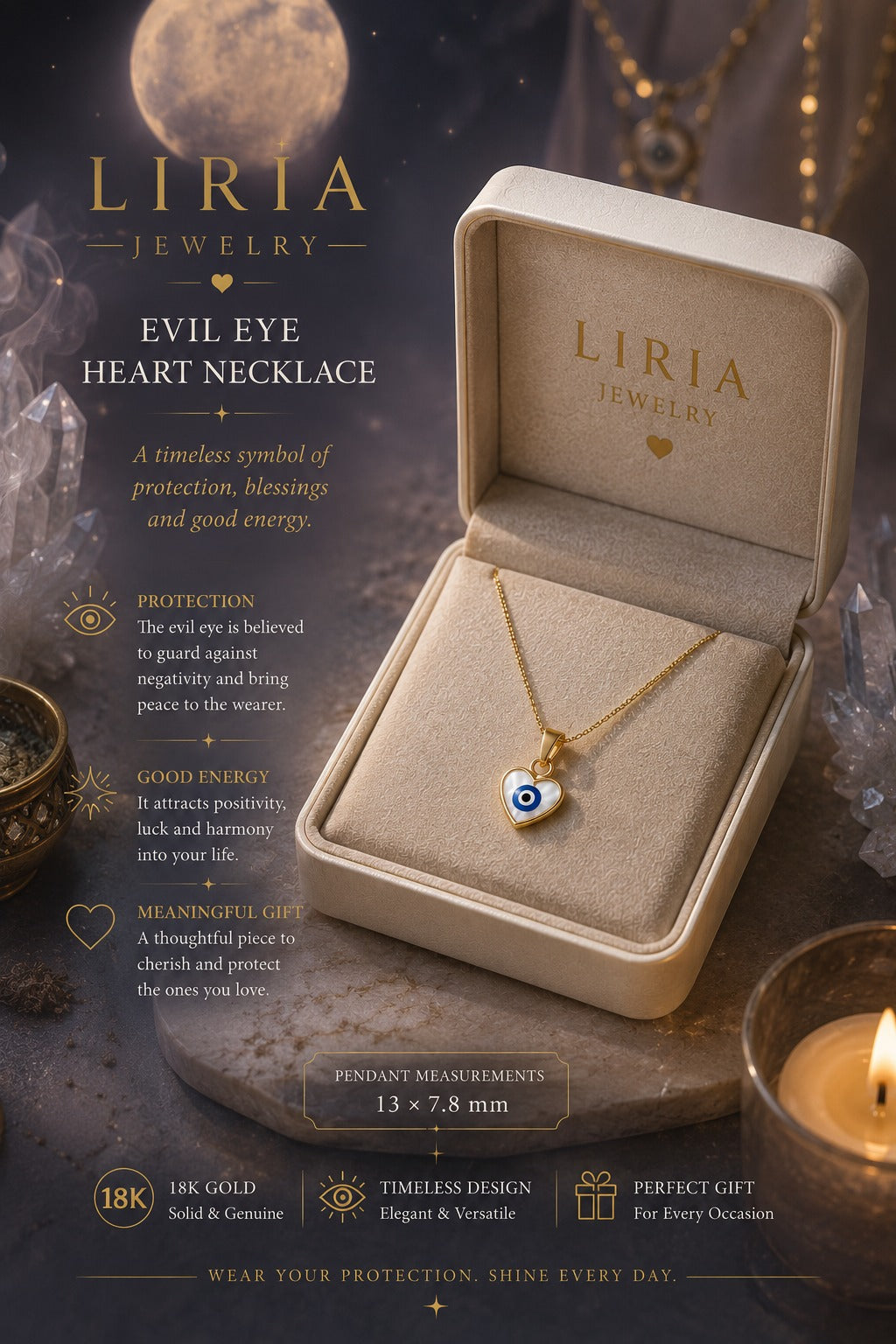 Liria Jewelry Evil Eye Heart Necklace in an open beige presentation box, shown on a dark mystical background with candles, moon, and text detailing the necklace's protection and energy benefits.