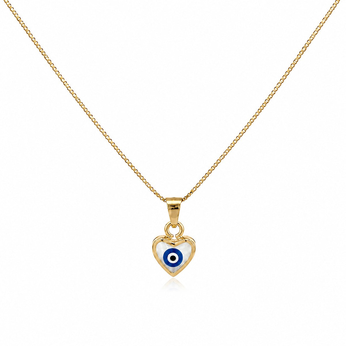 A gold heart-shaped pendant necklace featuring a blue and white evil eye design in the center, suspended from a delicate gold chain against a plain white background.