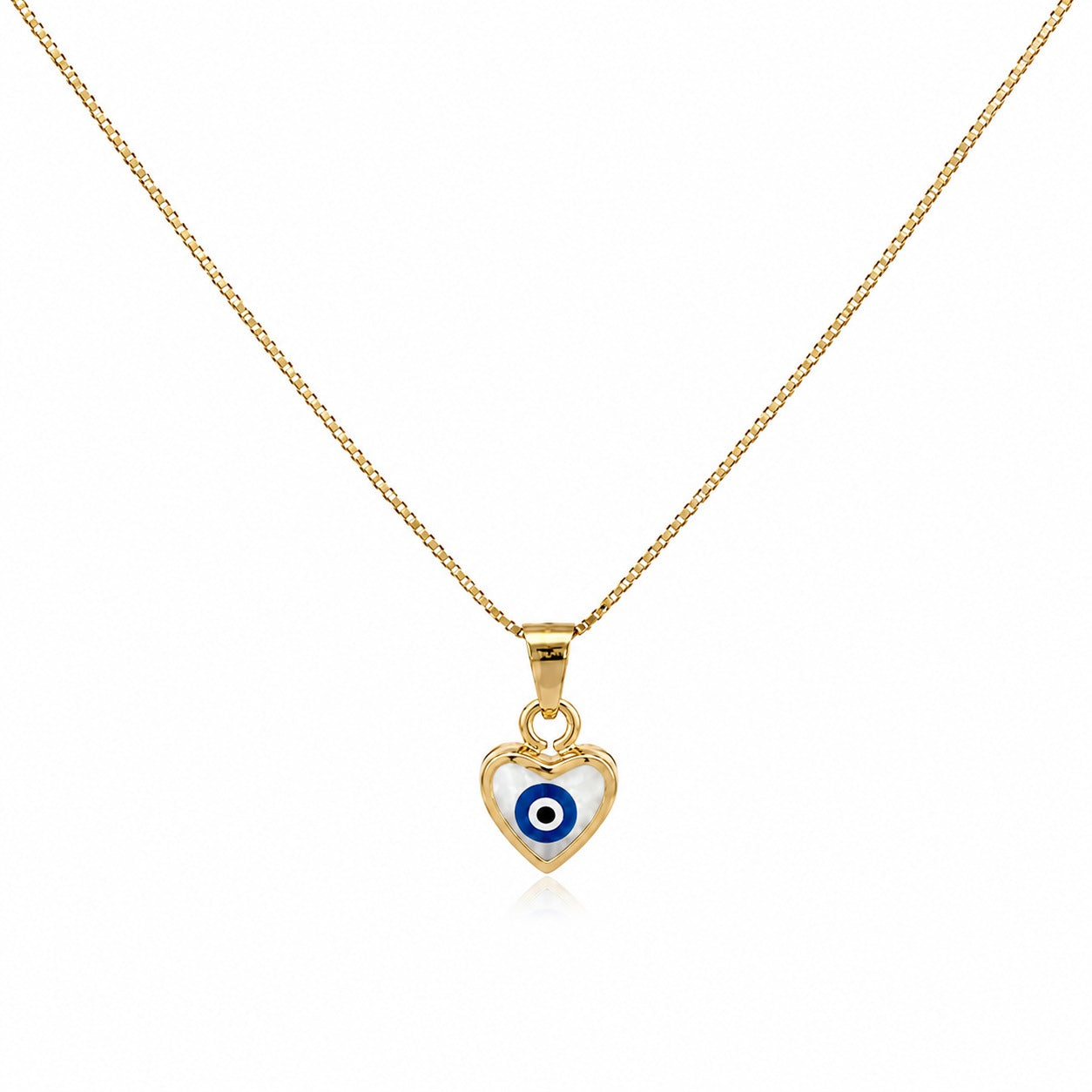 A gold heart-shaped pendant necklace featuring a blue and white evil eye design in the center, suspended from a delicate gold chain against a plain white background.