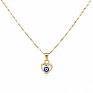 A gold heart-shaped pendant necklace featuring a blue and white evil eye design in the center, suspended from a delicate gold chain against a plain white background.