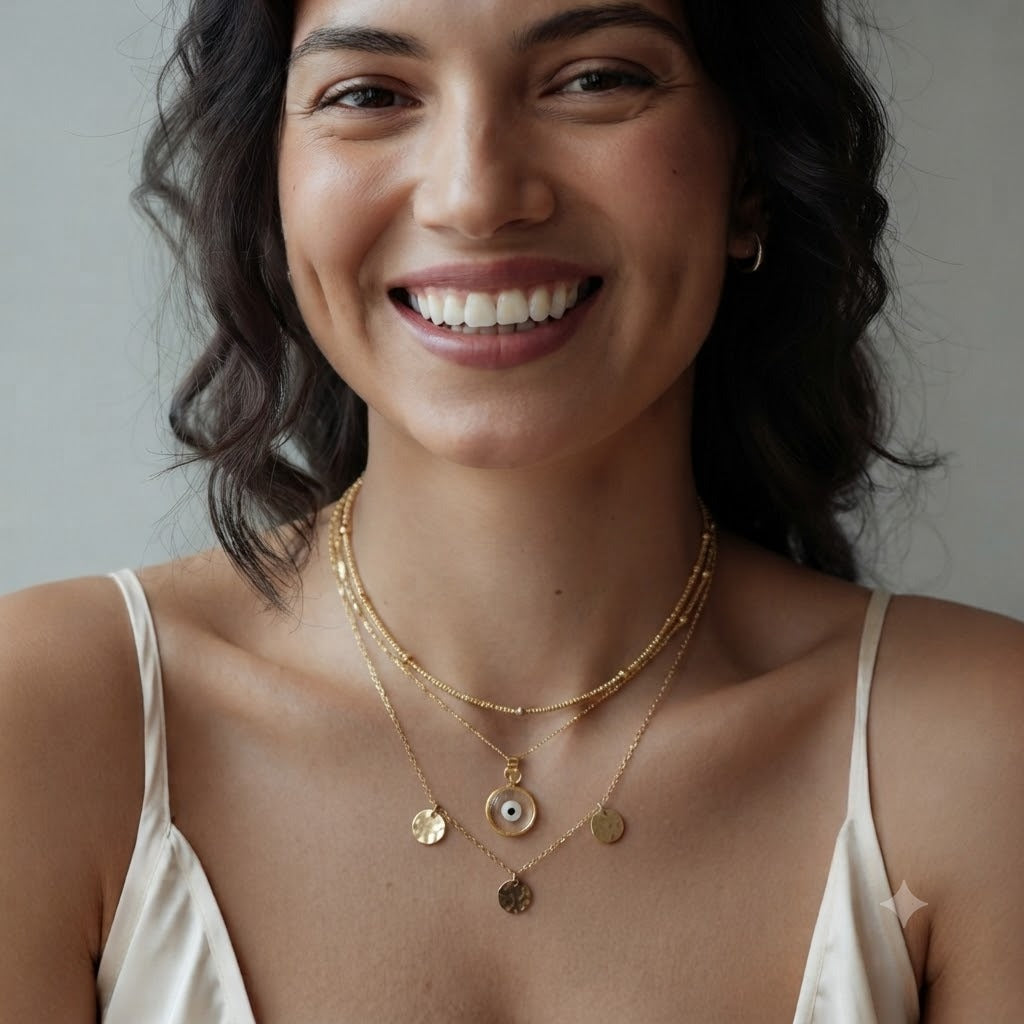A close-up of a smiling woman wearing layered gold necklaces, including one with a white evil eye pendant and two small round gold charms, against a soft gray background.
