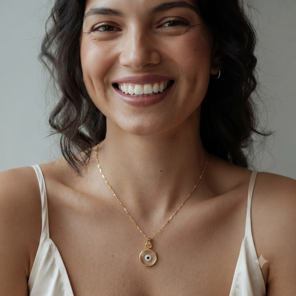 A smiling woman with dark wavy hair wearing a delicate gold chain necklace with a circular pendant featuring a white pearl and a small black evil eye detail, paired with a white camisole top against a neutral gray background.