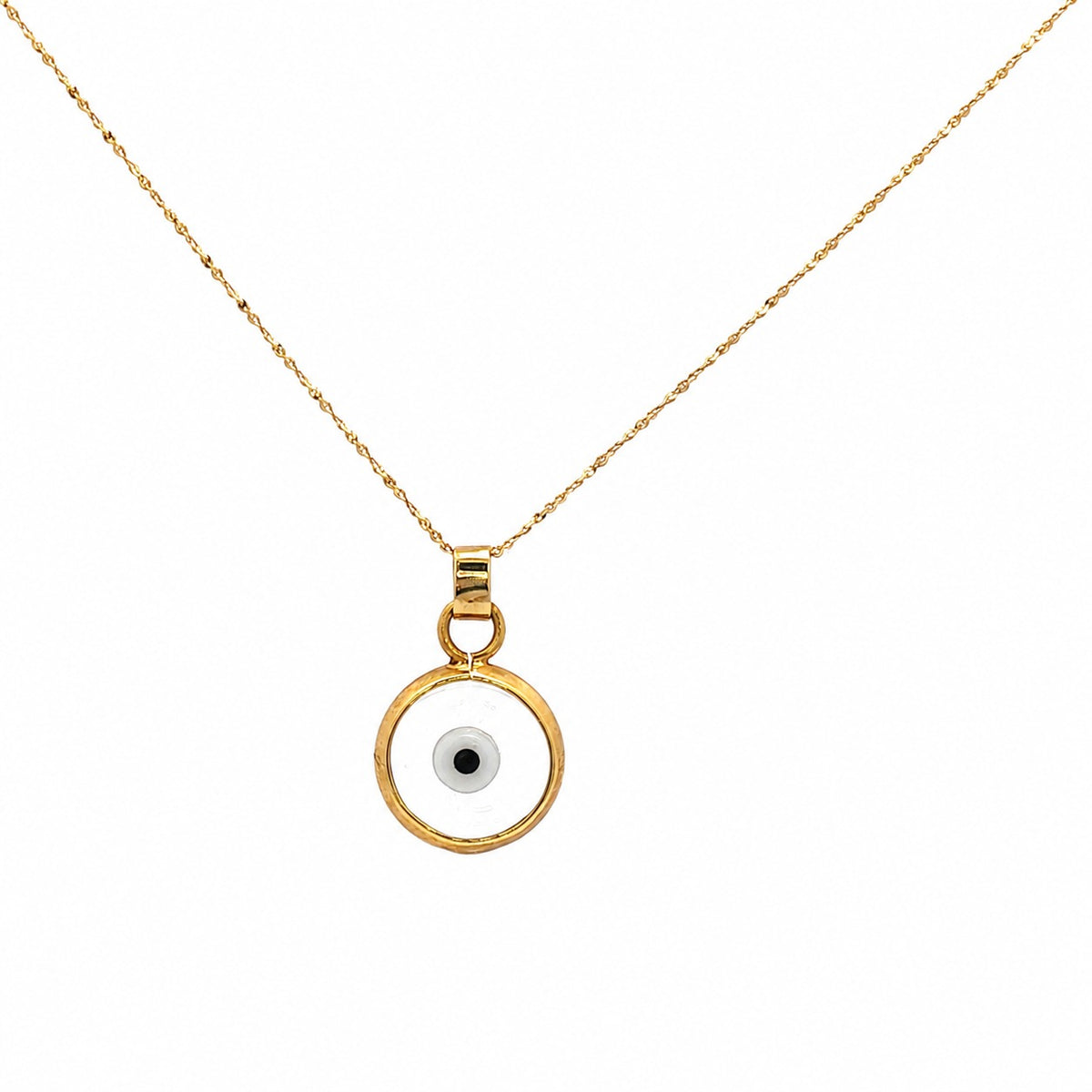 A gold chain necklace with a circular pendant featuring a white background, a black center dot, and a gold border, shown on a plain white background.