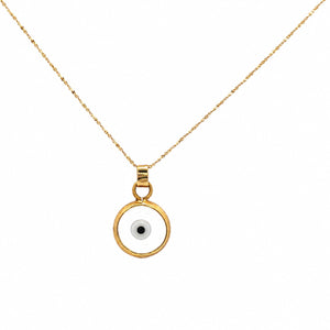 A gold chain necklace with a circular pendant featuring a white background, a black center dot, and a gold border, shown on a plain white background.