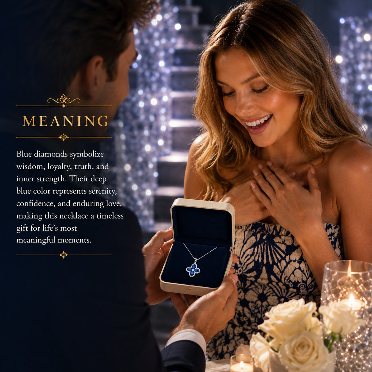A man presents a blue diamond flower-shaped necklace in an open box to a smiling woman at a romantic table setting with candles and flowers. Text on the left explains the meaning of the blue diamond shape.