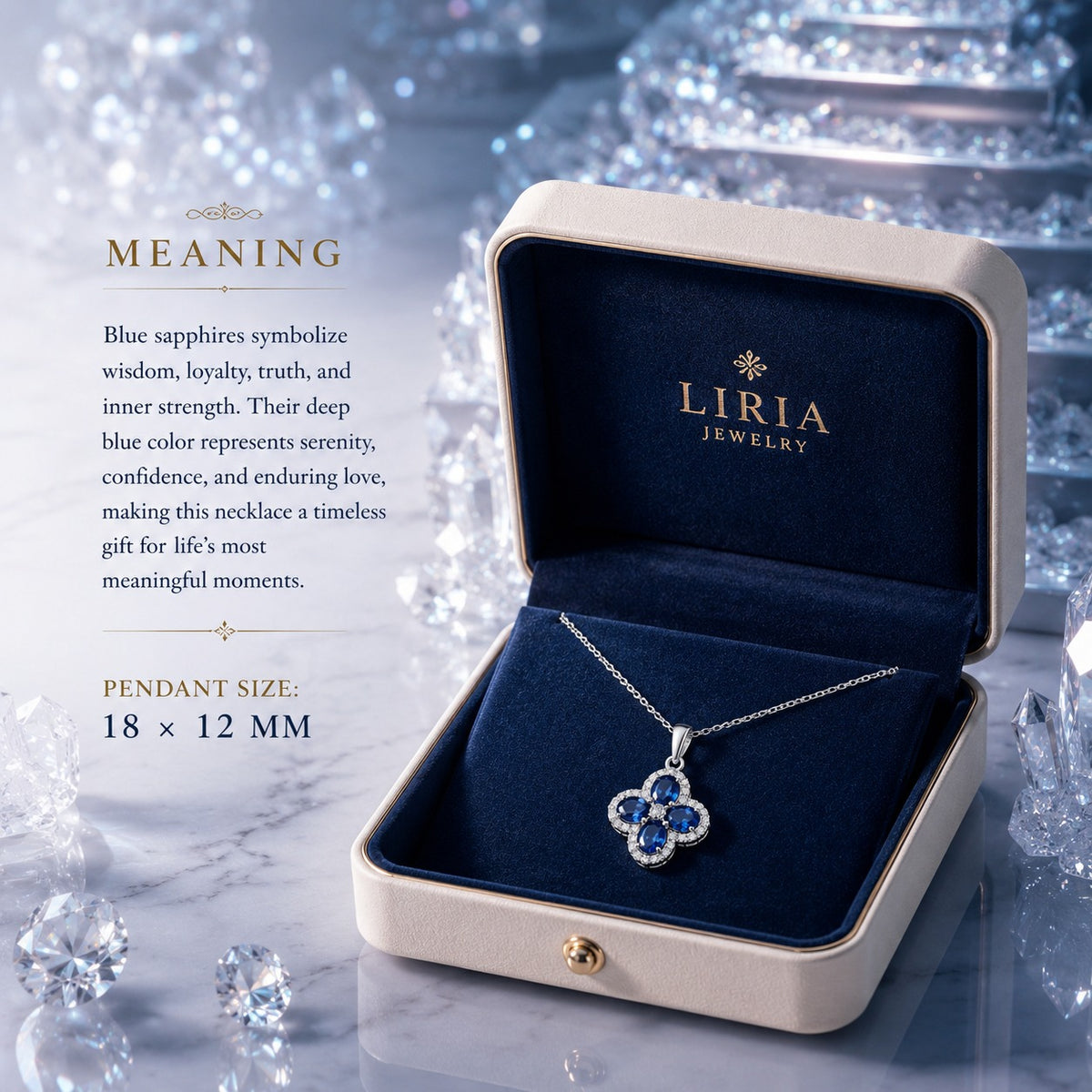 A 14K white gold bead chain necklace featuring a four-leaf clover pendant set with four vivid blue diamonds, accented by a sparkling halo of round white diamonds and a diamond cluster at the center, displayed on a clean white studio background.