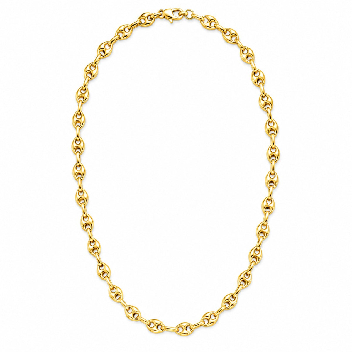 A yellow gold chain necklace with a classic curb link pattern, displayed in a neat oval shape against a solid white background.