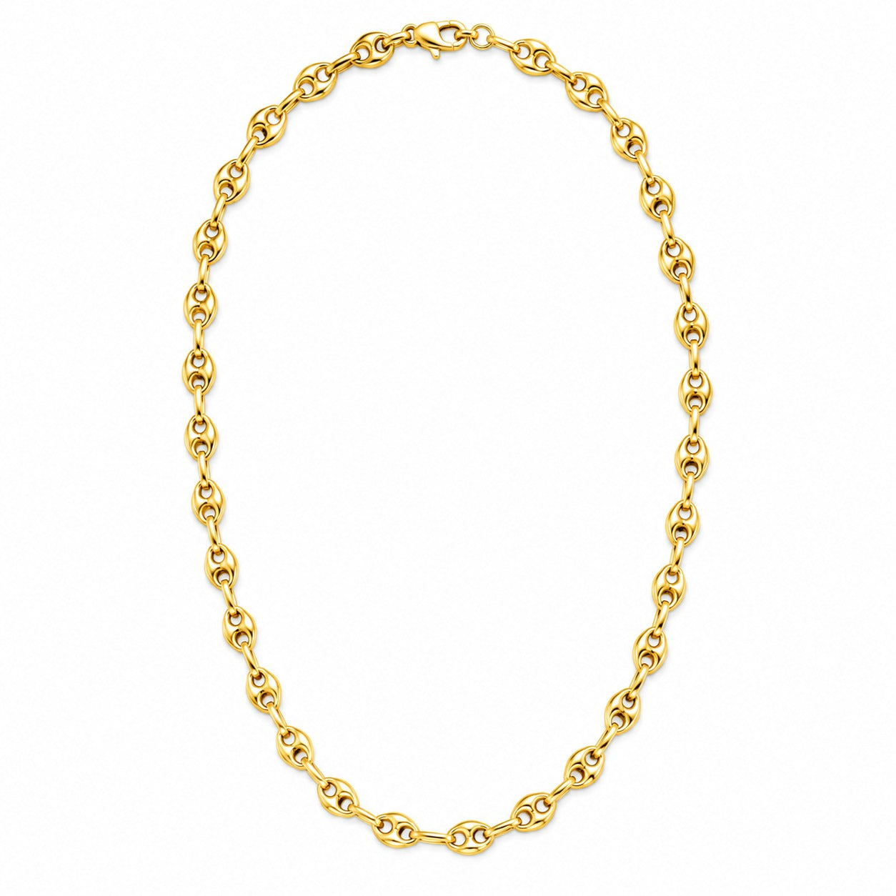 A yellow gold chain necklace with a classic curb link pattern, displayed in a neat oval shape against a solid white background.