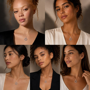 A four-panel collage showing a model wearing a delicate silver pendant necklace with a circular starburst design. The models wear different colored tops (black, white, beige) against a warm, neutral studio background.