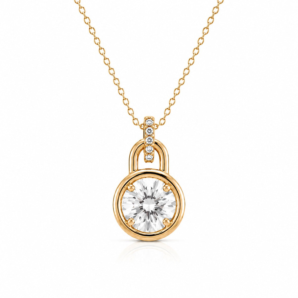 Gold lock-shaped pendant with a diamond on a white background