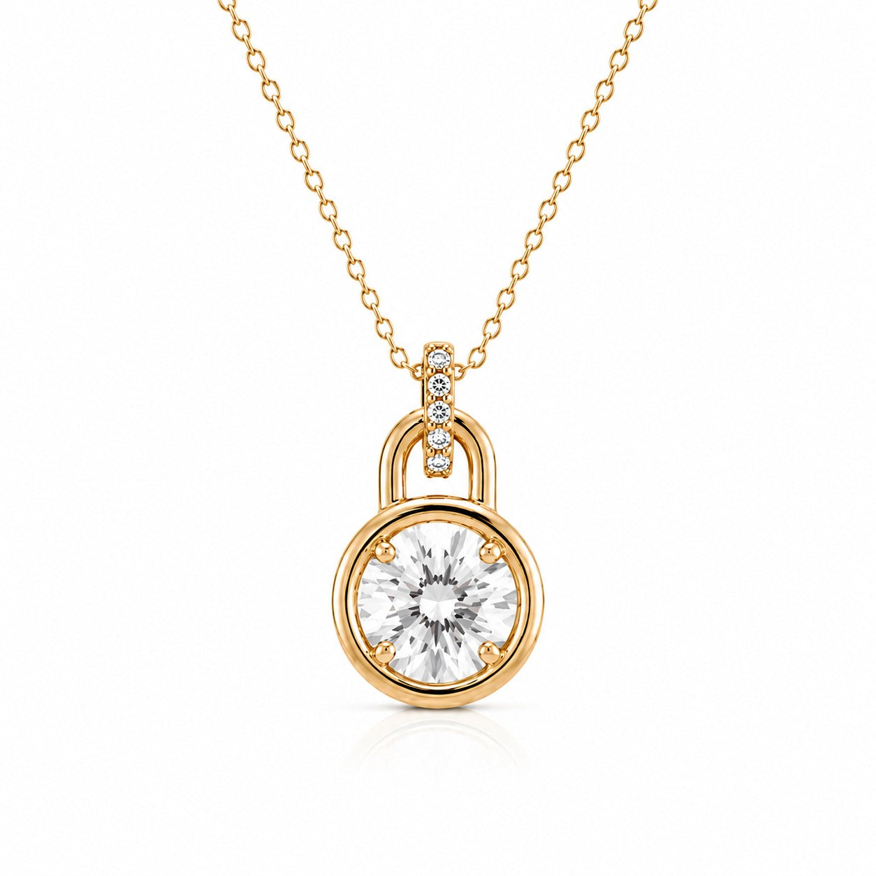 Gold lock-shaped pendant with a diamond on a white background