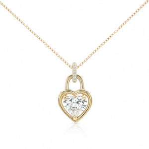 Gold heart-shaped lock pendant with diamonds on a white background