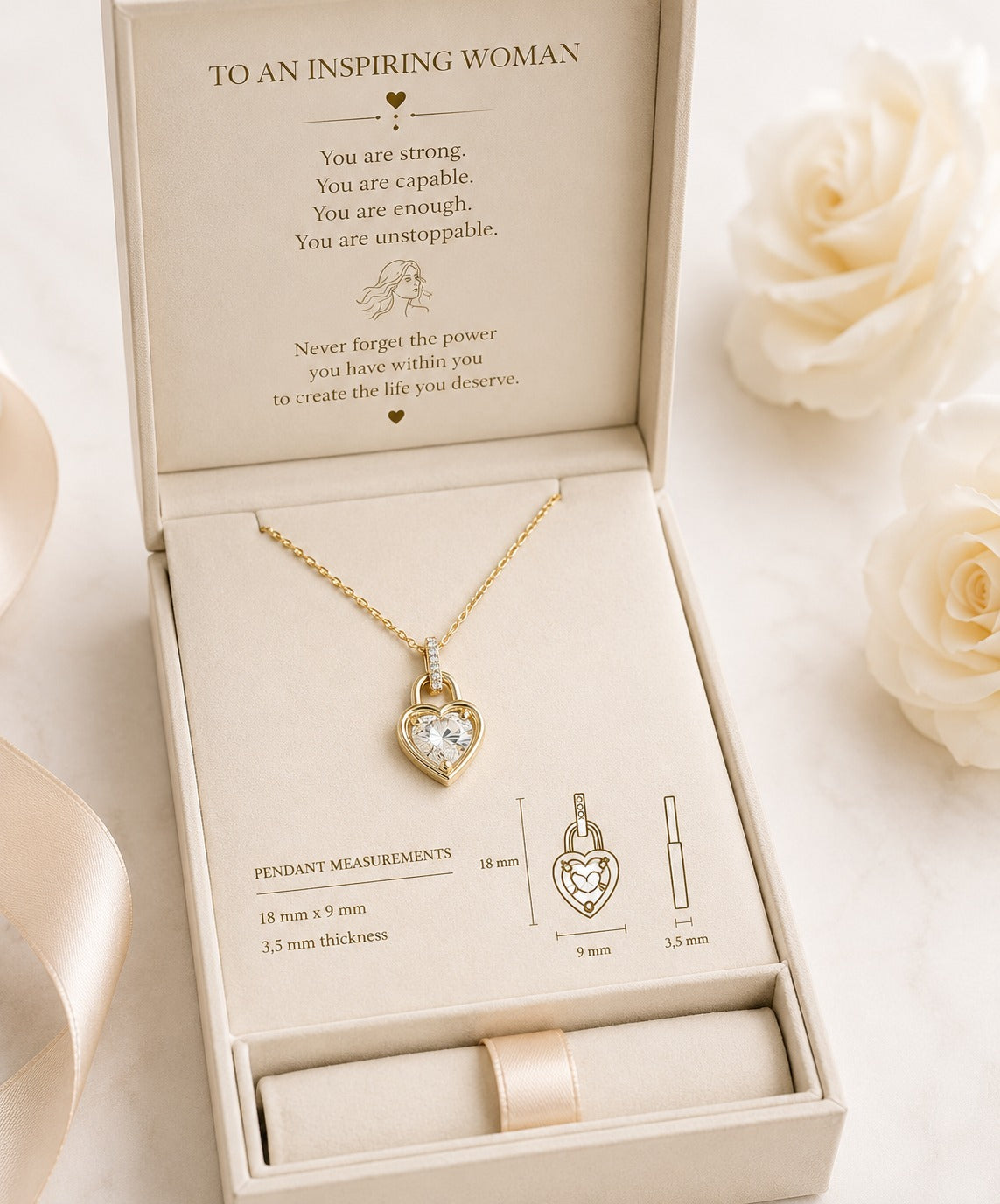 Gold heart-shaped pendant necklace in a decorative box with inspirational message, surrounded by white roses.
