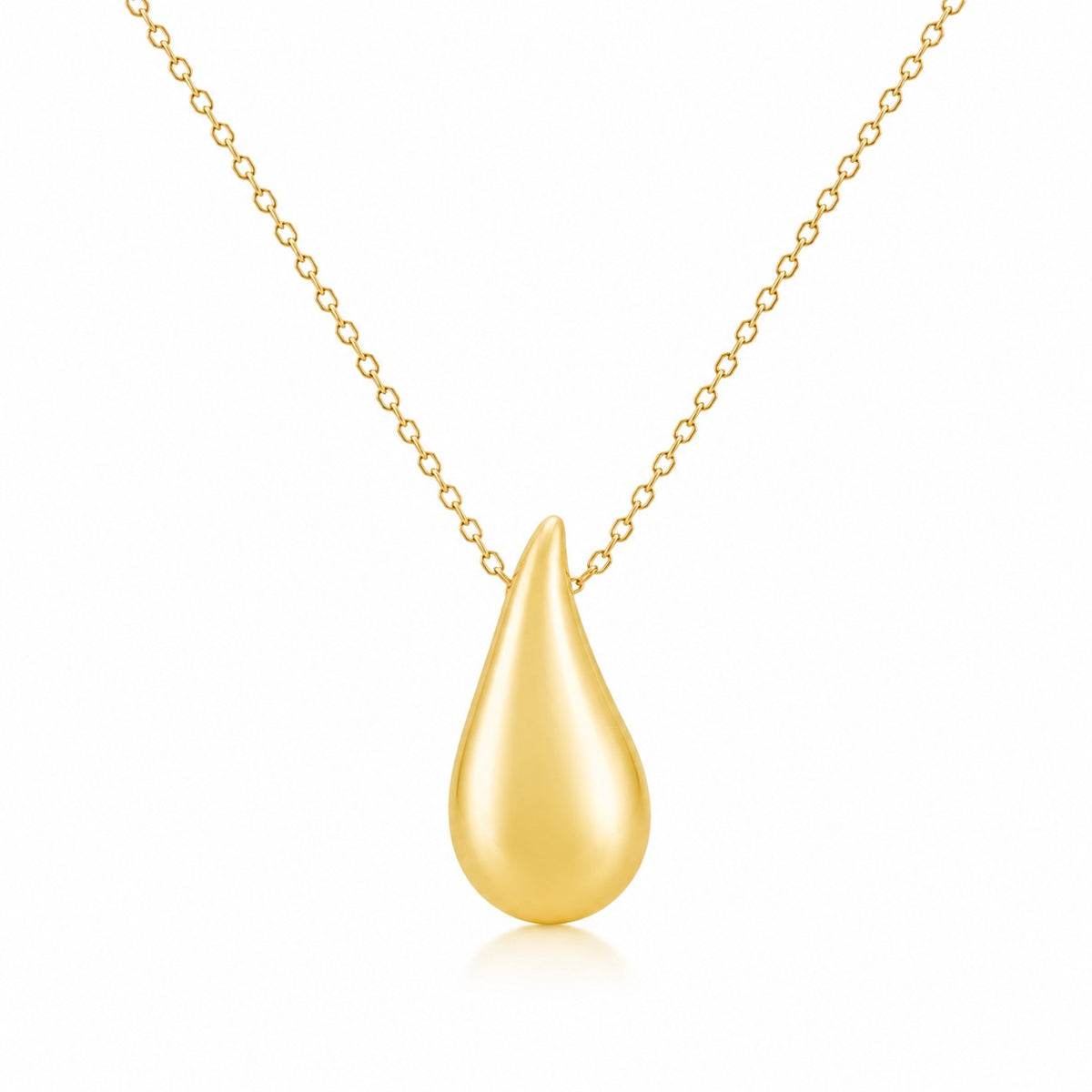 Gold teardrop pendant necklace on a white background