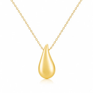 Gold teardrop pendant necklace on a white background