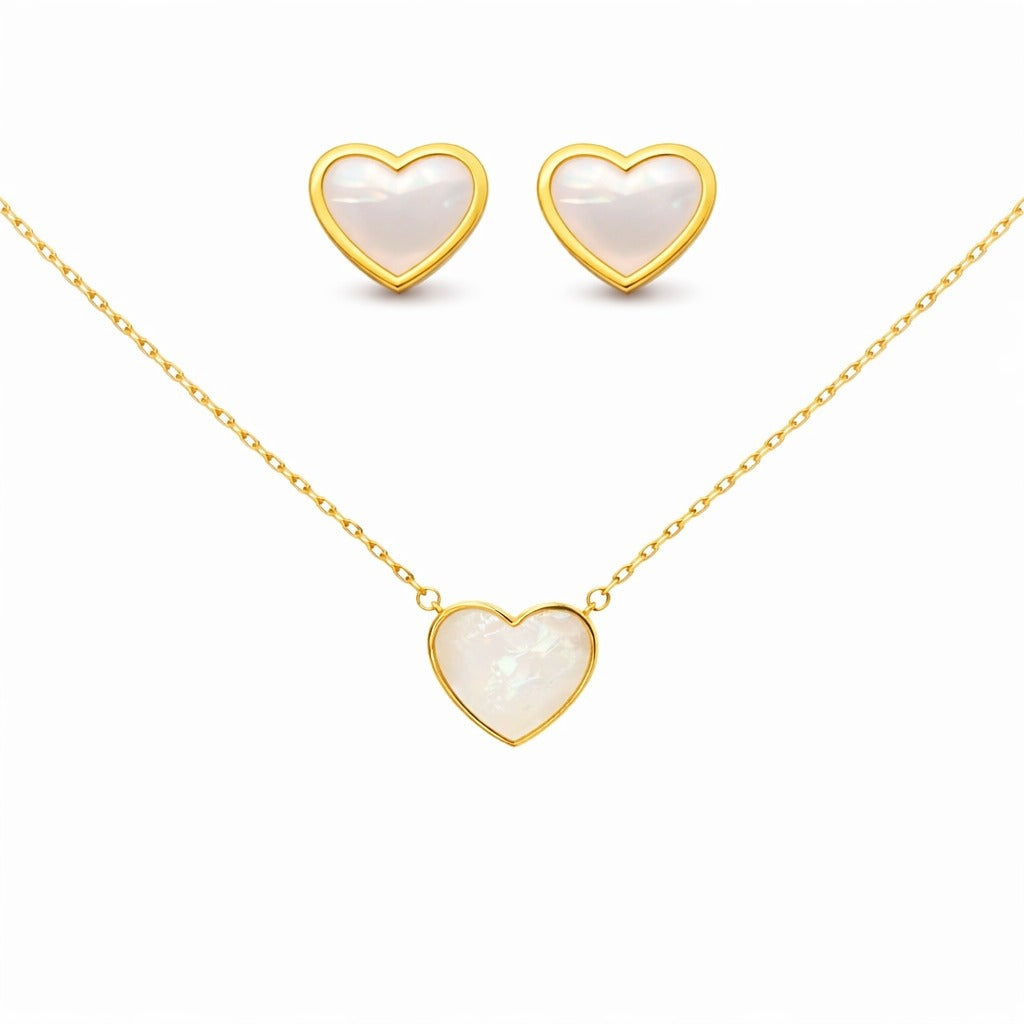 14K Yellow Gold Heart Mother-of-Pearl Necklace & Stud Earrings Set