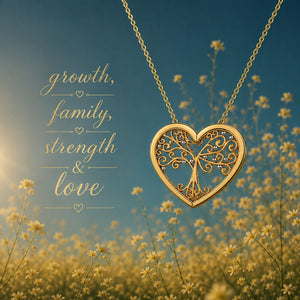 A gold heart-shaped pendant necklace with an intricate filigree tree design hangs against a blurred field of small yellow flowers and a blue sky. The words 'growth, family, strength & love' appear in gold script on the left side.