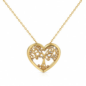 A gold heart-shaped pendant necklace with an intricate filigree tree design and small clear stones, suspended from a delicate gold chain on a white background.