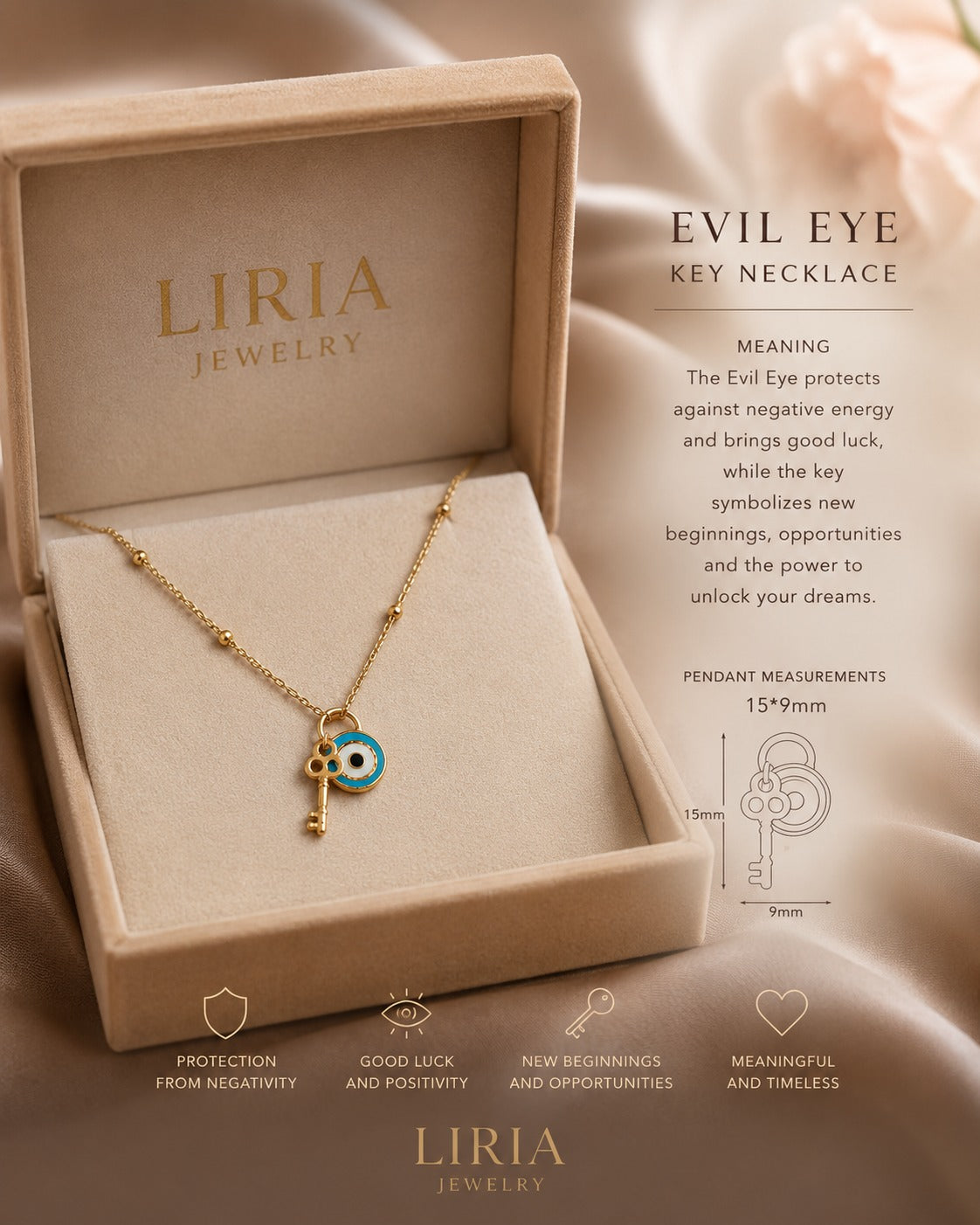 Liria Jewelry Evil Eye Key Necklace in a beige presentation box, displayed on a draped satin fabric background with product details and text overlays.