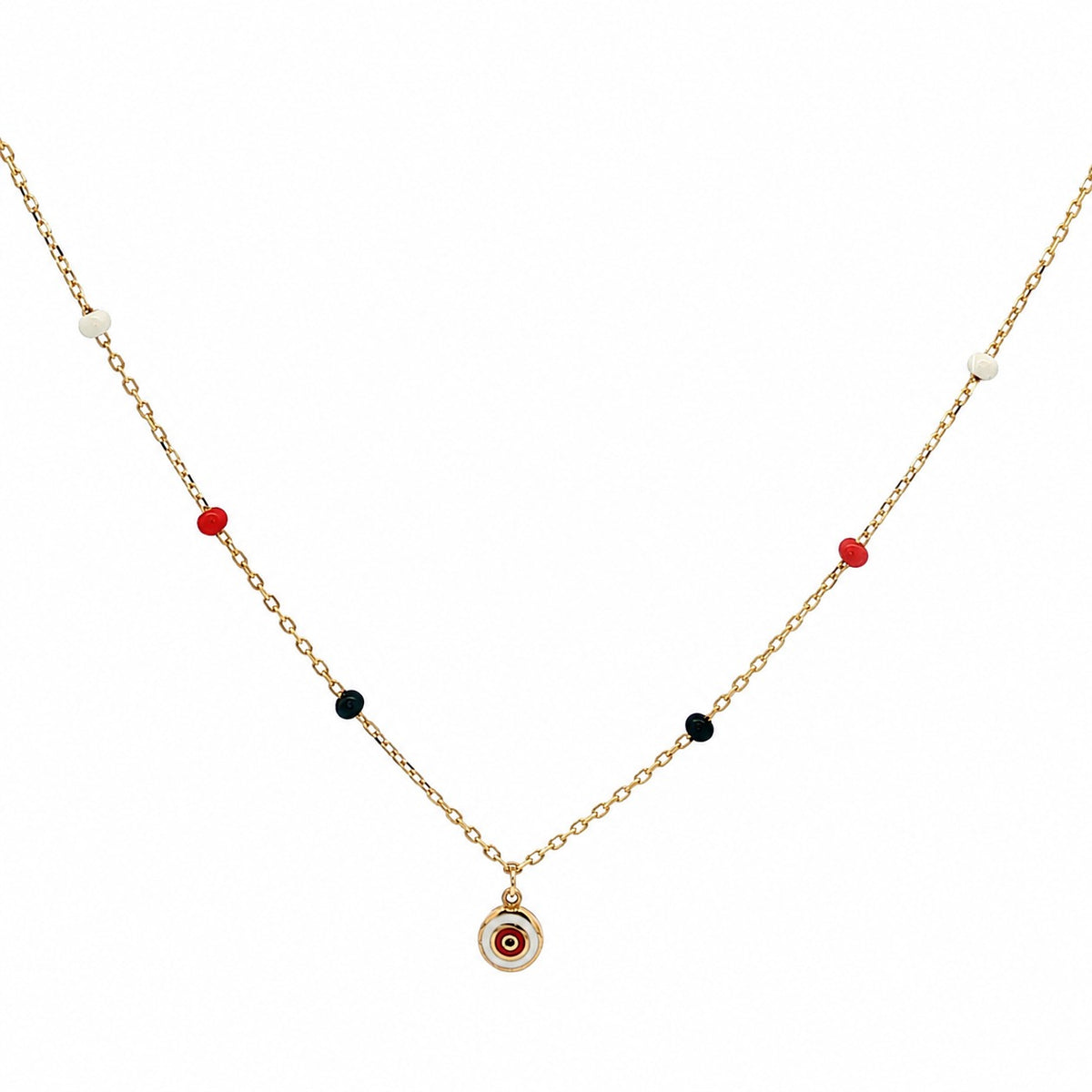 A delicate gold chain necklace featuring small red, black, and white beads spaced along the chain, with a small circular evil eye pendant hanging from the center.
