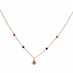 A delicate gold chain necklace featuring small red, black, and white beads spaced along the chain, with a small circular evil eye pendant hanging from the center.