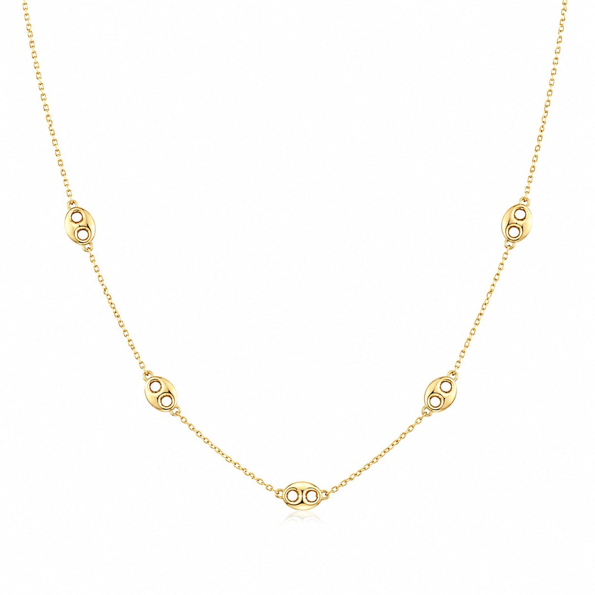 Gold necklace with small circular pendants on a white background