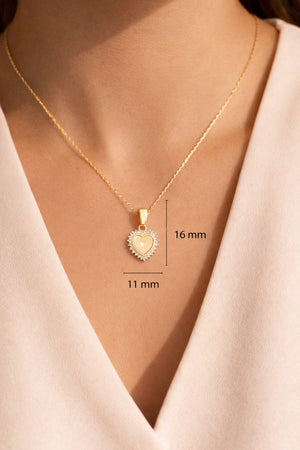 14K Yellow Gold Heart Pendant with Round Cubic Zirconia & Mother of Pearl