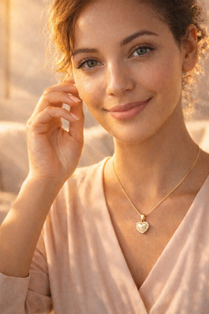 14K Yellow Gold Heart Pendant with Round Cubic Zirconia & Mother of Pearl