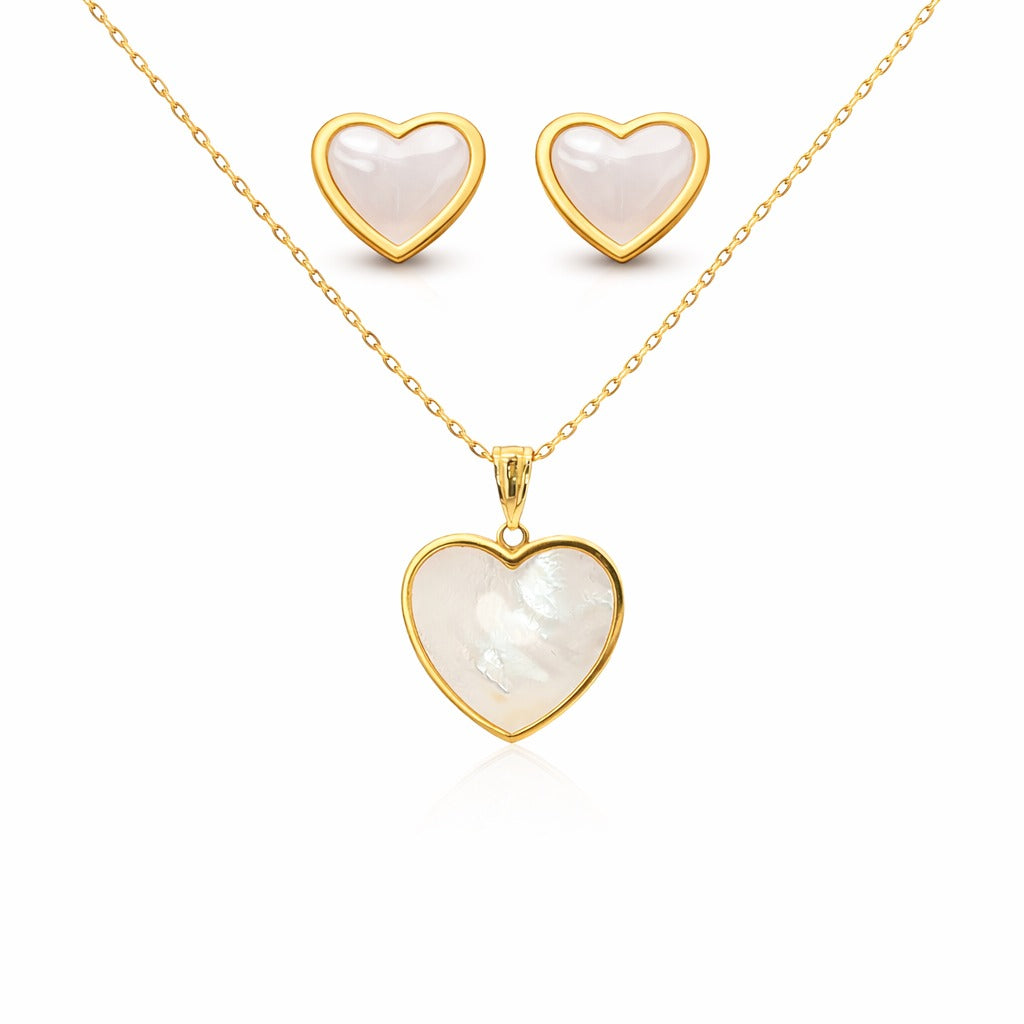 14K Gold Heart Pearl Pendant and Necklace & Stud Set