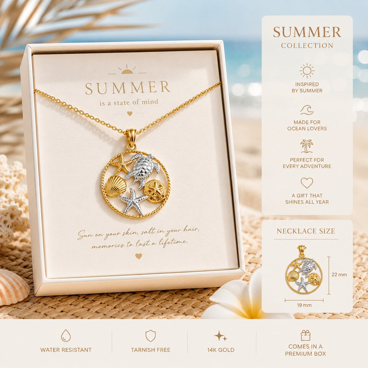 Gold necklace with seashell and starfish pendant in a 'Summer' collection box.