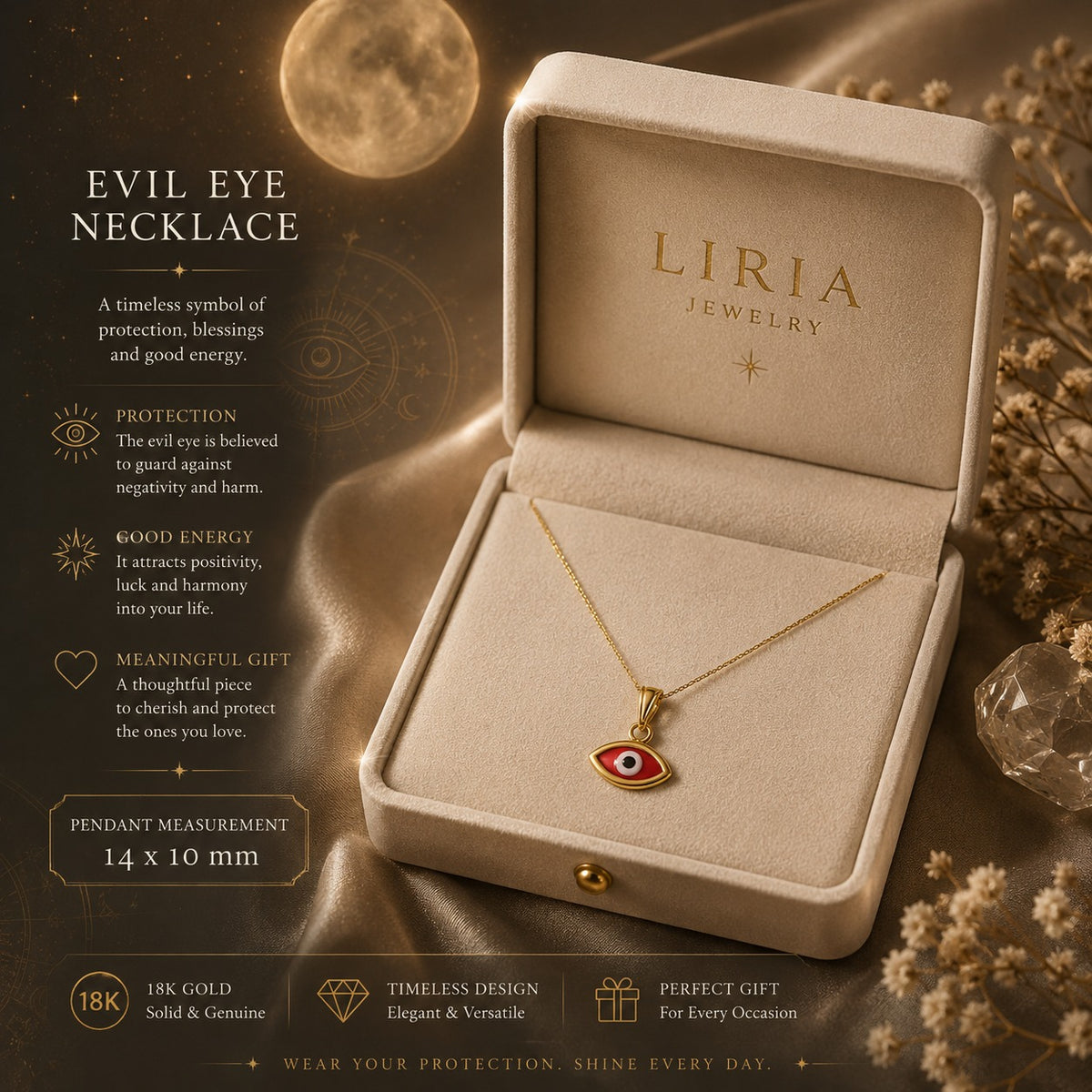 A gold chain necklace featuring an evil eye pendant with a red background, white center, and black pupil, displayed against a solid white background.