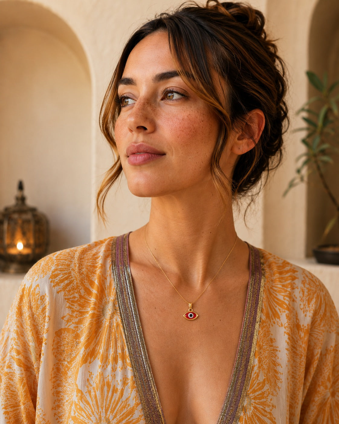 A woman wearing a delicate gold necklace with a small red and white evil eye pendant, paired with a yellow and white patterned bohemian-style top, set against a warm, softly lit background with arches.