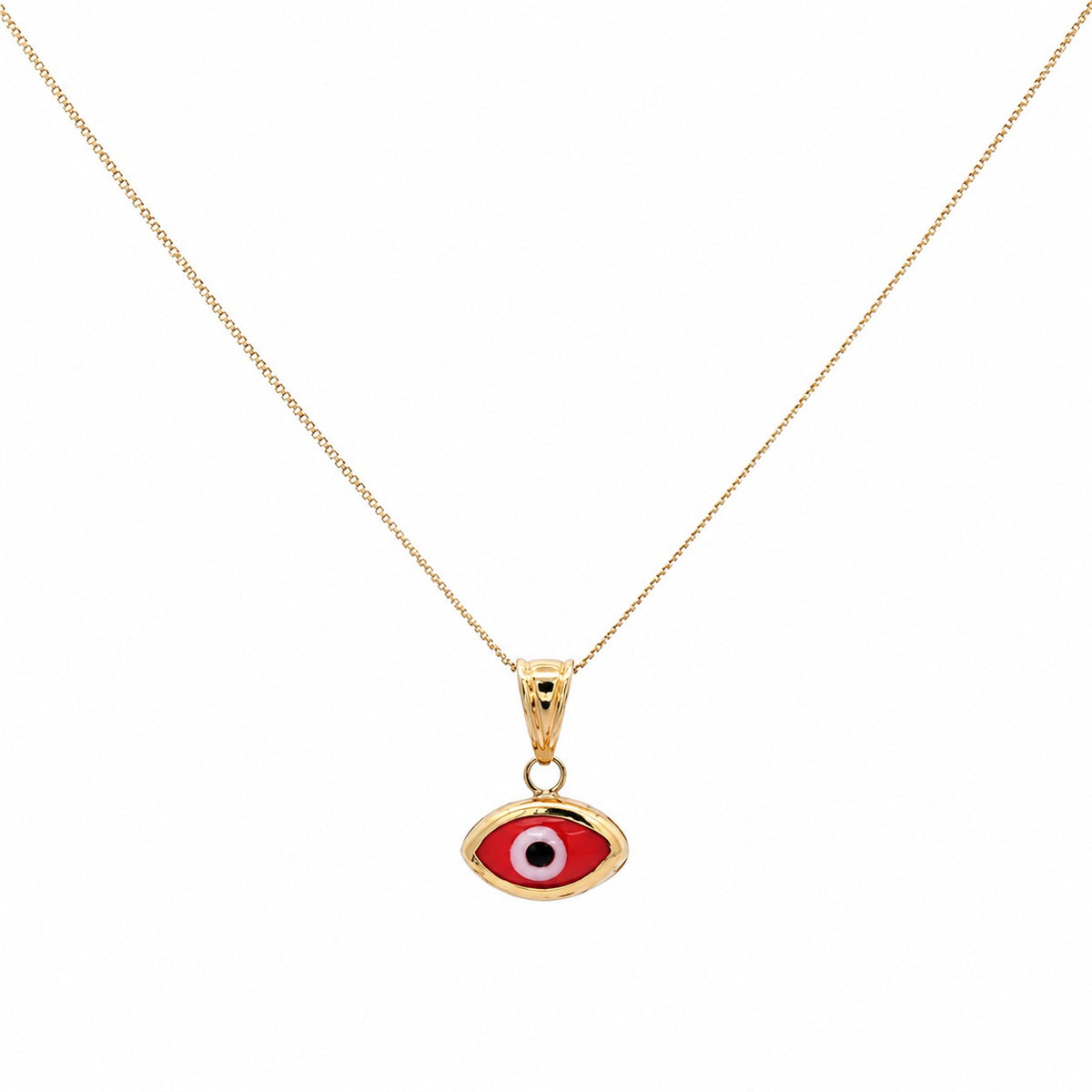 A gold chain necklace featuring an evil eye pendant with a red background, white center, and black pupil, displayed against a solid white background.