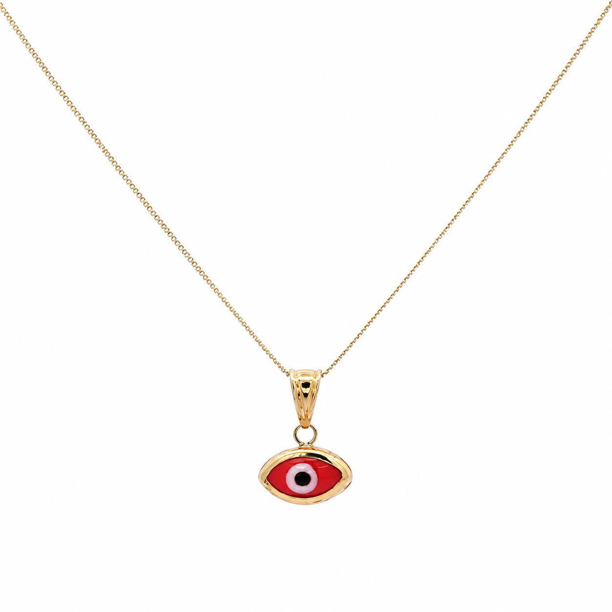 A gold chain necklace featuring an evil eye pendant with a red background, white center, and black pupil, displayed against a solid white background.