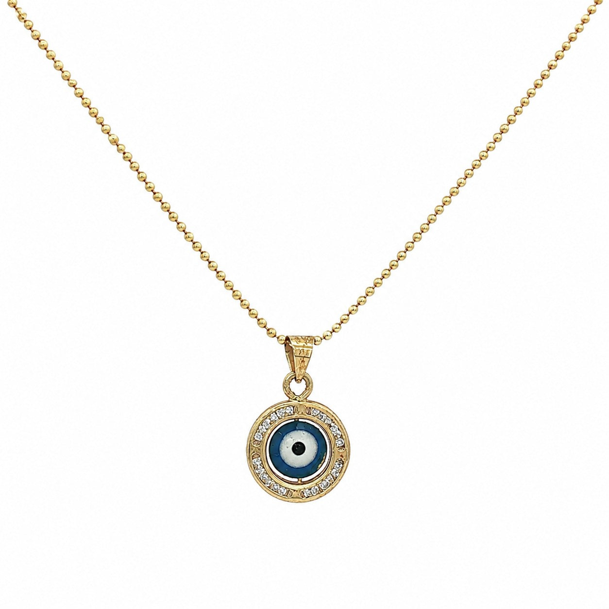 A gold chain necklace with a circular evil eye pendant. The pendant features a blue and white eye design surrounded by a halo of small clear crystals, set against a plain white background.