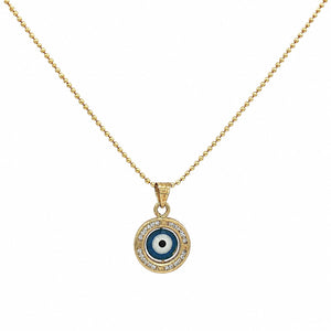 A gold chain necklace with a circular evil eye pendant. The pendant features a blue and white eye design surrounded by a halo of small clear crystals, set against a plain white background.