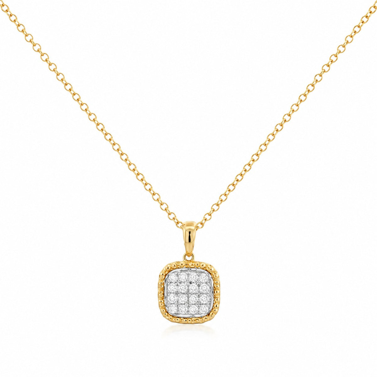 A gold chain necklace with a square pendant featuring a border of small clear stones and a central cluster of clear stones, shown on a plain white background.