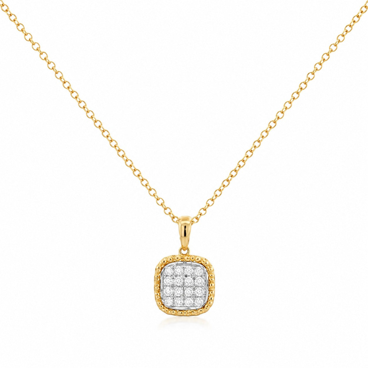 A gold chain necklace with a square pendant featuring a border of small clear stones and a central cluster of clear stones, shown on a plain white background.